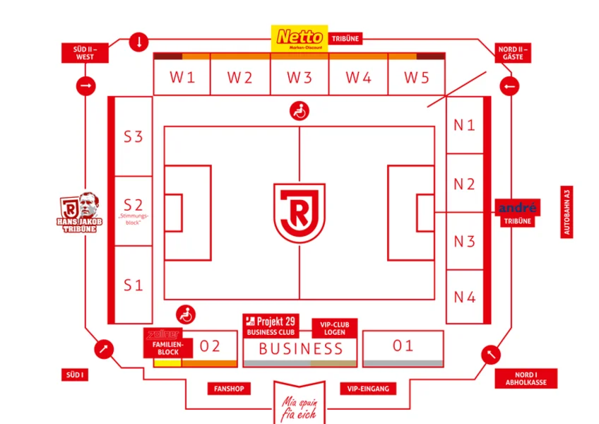 Blockplan des Jahnstadion Regensburg mit Tribünen, Blöcken und Eingängen