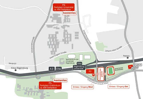 Der Plan zeigt die Einlässe zum Veranstaltungsgelände und die Parkmöglichkeiten.