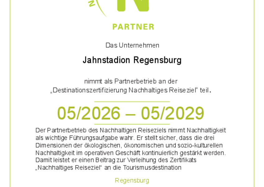 Urkunde Partnerbetrieb Nachhaltiges Reiseziel Regensburg, 05/2026 bis 05/2029