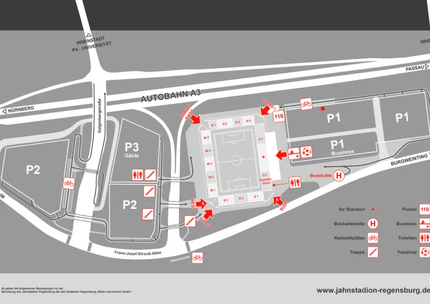 Lageplan des Stadiongeländes mit den Parkplätzen P1 bis P3 an der A3