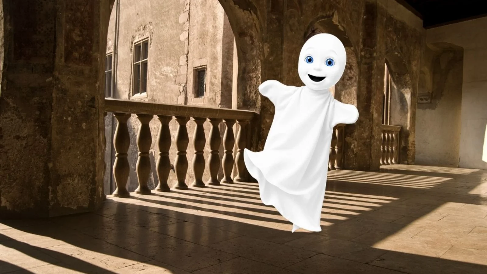 Illustration: kleines Gespenst im Gang einer Burg