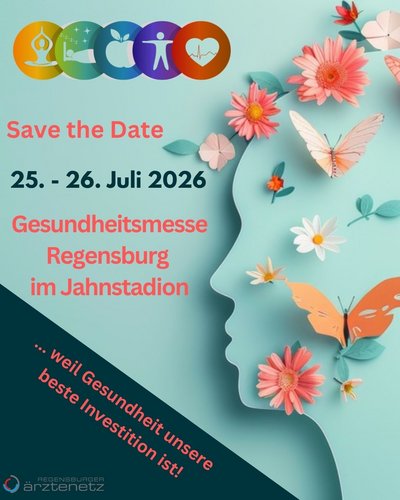 Das Plakat zur Ankündigung der Messe zeit einen stilisierten Kopf mit Blüten und Schmetterlingen sowie diverse Gesundheits-Piktogramme.