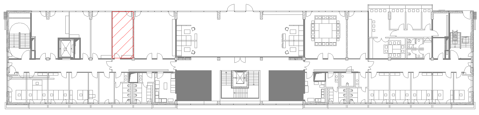 Man sieht den Grundriss der zweiten Etage im Jahnstadion, rot schraffiert ist der Bereich der Loge 4.