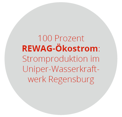 Man sieht einen grauen Kreis auf dem in orange zu lesen ist: 100 Prozent REWAG Ökostrom: Stromproduktion im Uniper-Wasserkraftwerk Regensburg
