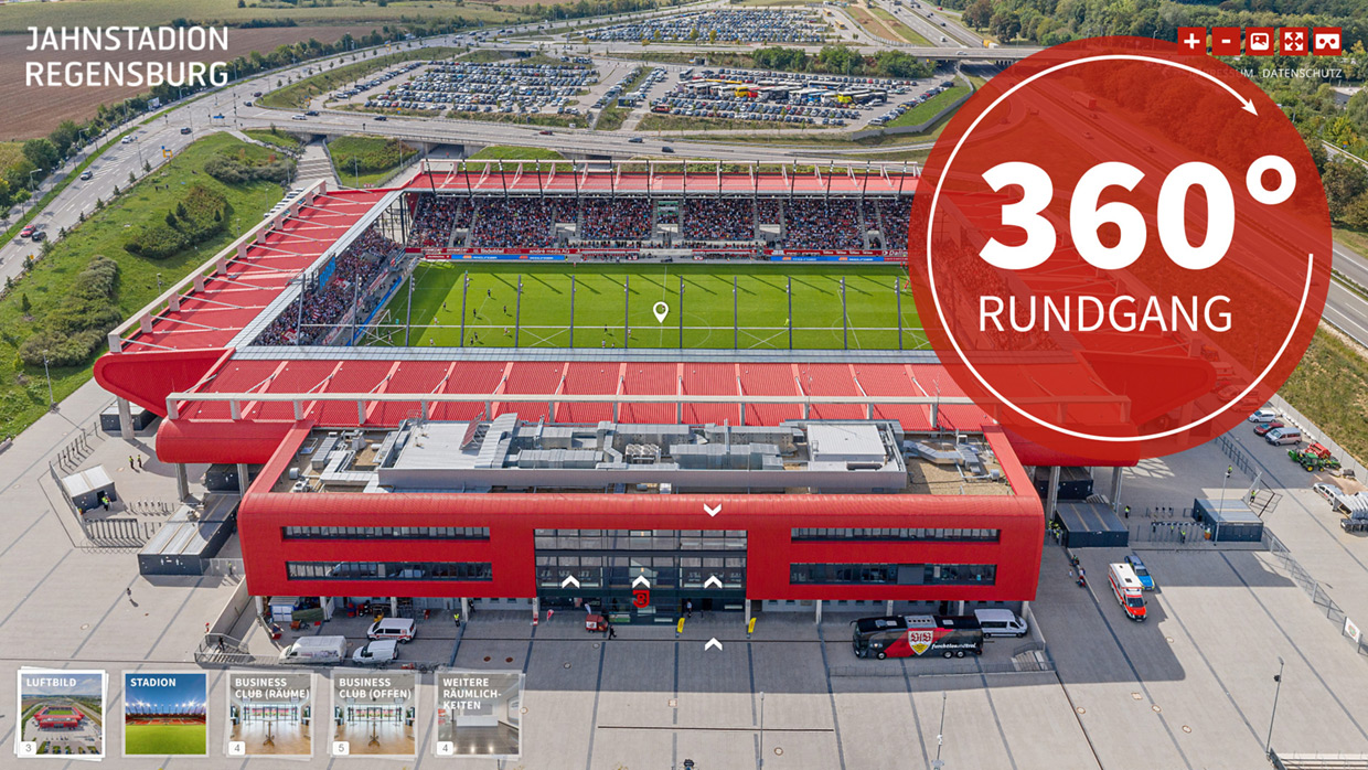 Man sieht eine Luftaufnahme des gesamten Jahnstadions sowie einen roten Kreis mit der Schrift 360 Grad Rundgang.