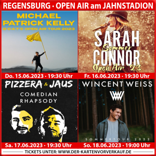 Man sieht ein Ankündigungsplakat für vier Open Air Konzerte im Jahnstadion.