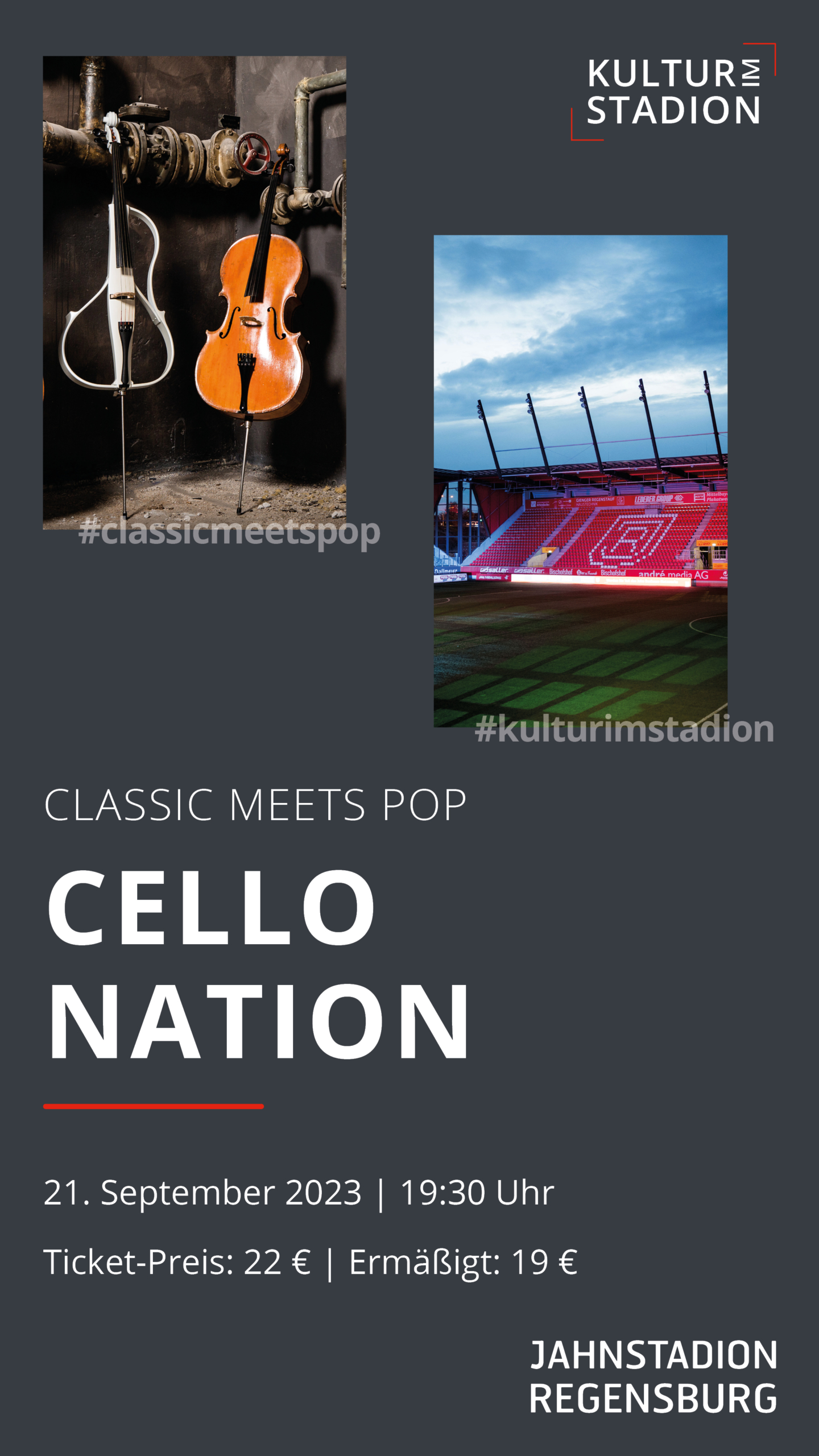 Man sieht eine Veranstaltungsankündigung der Veranstaltung Cello Nation.