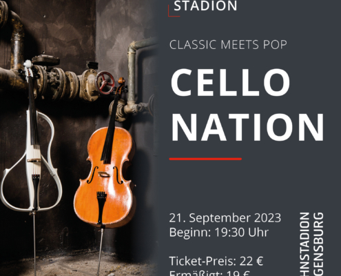Man sieht zwei Cellos als Anküdigung der Veranstaltung "Cello Nation".