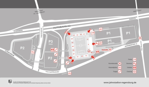 Dieses Übersichtsbild zeigt die Lage des Jahnstadions Regensburg in Bezug auf die umgebenden Straßen und Parkflächen. Die Autobahn A3 verläuft oberhalb des Stadions, während sich darunter das eigentliche Stadiongebäude mit seinen Tribünen (W1–W5, N1–N4, S1–S2, O1–O2) befindet. Rechts (östlich) vom Stadion liegen die Parkflächen P1, teilweise als Business-Parkbereiche gekennzeichnet. Links (westlich) des Stadions schließen sich P2 und P3 an, wobei P3 häufig als Gästeparkplatz ausgewiesen ist. Weiterhin sind verschiedene Zugänge mit Pfeilen markiert (z. B. Nord, Ost, Süd), an denen man ins Stadion oder auf die Tribünen gelangt. Das Planungsbild weist außerdem auf Busshuttle-Haltestellen, Fahrradabstellplätze, Toiletten sowie den Fanshop hin. Die Franz-Josef-Strauß-Allee führt unterhalb des Geländes entlang und verbindet das Gebiet mit den umliegenden Straßen. An der rechten Seite (Burgweinting) sieht man weitere Bushaltestellen und Zufahrtswege. In der Legende werden wichtige Symbole erläutert (Polizei, 110, Business, Toiletten, Radstellplätze, Treppen, Fanshop), sodass sich Besucher schnell über Park- und Fußwege sowie Eingänge im Stadionumfeld orientieren können.