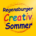 Man sieht das Logo der Messe Regensburger Creativ Sommer in vielen bunten Farben auf gelbem Hintergrund.