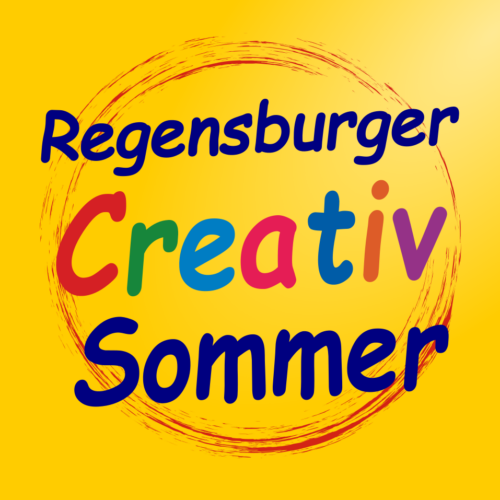 Man sieht das Logo der Messe Regensburger Creativ Sommer in vielen bunten Farben auf gelbem Hintergrund.