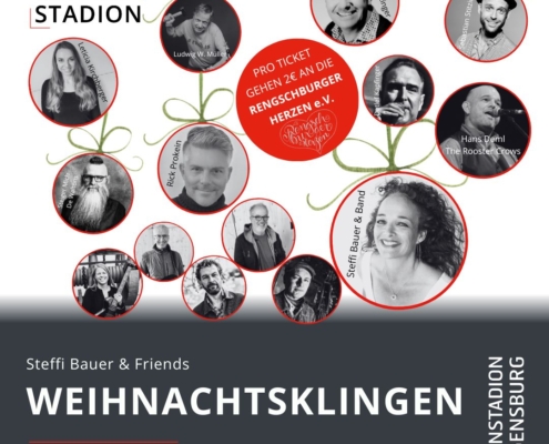 Man sieht viele verschiedene Gesichter von Künstlern und Künstlerinnen, die in Weihnachtskugeln gezeigt werden.