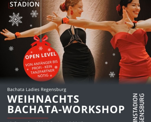 Man sieht ein Foto von zwei Frauen, die Bachata tanzen. Es ist eine Ankündigung zu einem Workshop.