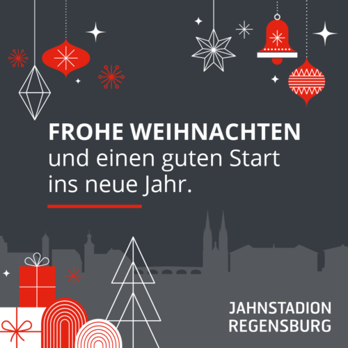 Dort sind die Frohe Weihnachtswünsche des Jahnstations Regensburg Team zu lesen. Umrahmt werden sie von Weihnachtsdeko.