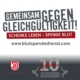 Man sieht den Schriftzug "Gemeinsam gegen Gleichgültigkeit! Schenke Leben - Spende Blut" Darunter ist die URL www.blutspendedienst.com und darunter sind die Logos des Jahn Regensburgs und das 10 Jahre Jubiläumslogo.