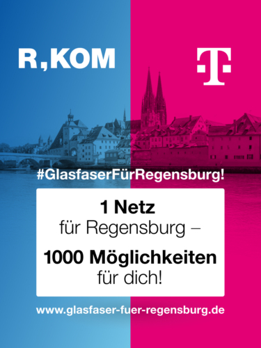 Mit dem Logo von R-KOM und Telekom auf der Stadtsilhouette laden die Unternehmen zur Infoveranstaltung für den Glasfaserausbau in Regensburg ein.