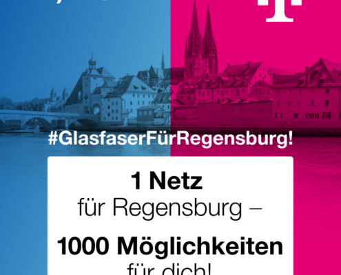 Mit dem Logo von R-KOM und Telekom auf der Stadtsilhouette laden die Unternehmen zur Infoveranstaltung für den Glasfaserausbau in Regensburg ein.