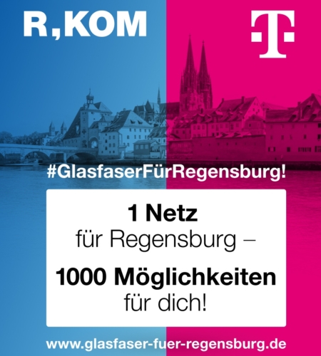 Mit dem Logo von R-KOM und Telekom auf der Stadtsilhouette laden die Unternehmen zur Infoveranstaltung für den Glasfaserausbau in Regensburg ein.