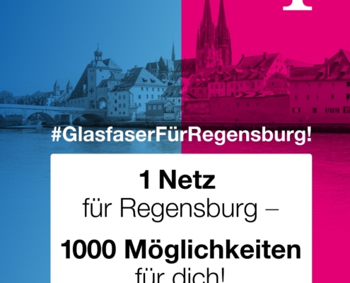 Mit dem Logo von R-KOM und Telekom auf der Stadtsilhouette laden die Unternehmen zur Infoveranstaltung für den Glasfaserausbau in Regensburg ein.