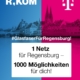 Mit dem Logo von R-KOM und Telekom auf der Stadtsilhouette laden die Unternehmen zur Infoveranstaltung für den Glasfaserausbau in Regensburg ein.