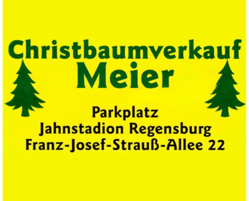 Das Logo zum Christbaumverkauf am Parkplatz des Jahnstadions Regensburg. Man sieht grüne Tannen auf gelbem Hintergrund.