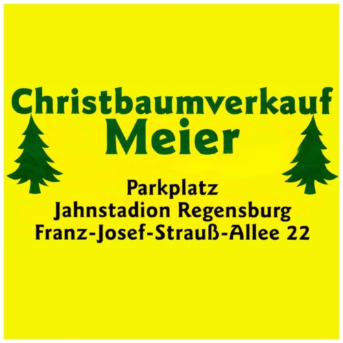 Das Logo zum Christbaumverkauf am Parkplatz des Jahnstadions Regensburg. Man sieht grüne Tannen auf gelbem Hintergrund.